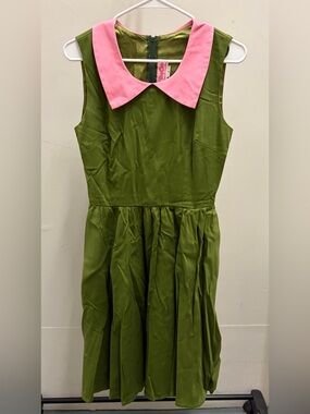 Pinup Couture Olive Green Sleeveless Dress with Pink Peter Pan Collar